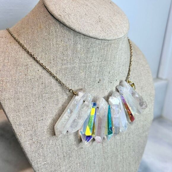 RARE AB Quartz Clustered Crystal Healing Statement Necklace Rainbow Gold-tone 20 - Picture 2 of 6